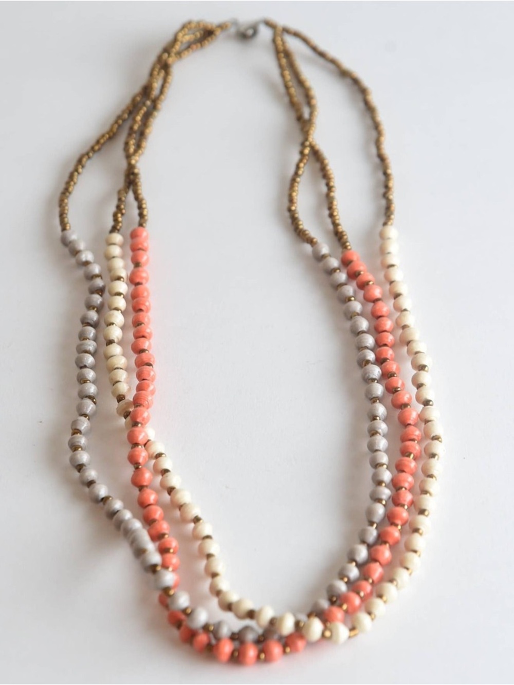 Multi-Strand Beaded Necklace in Coral, Cream & Gray